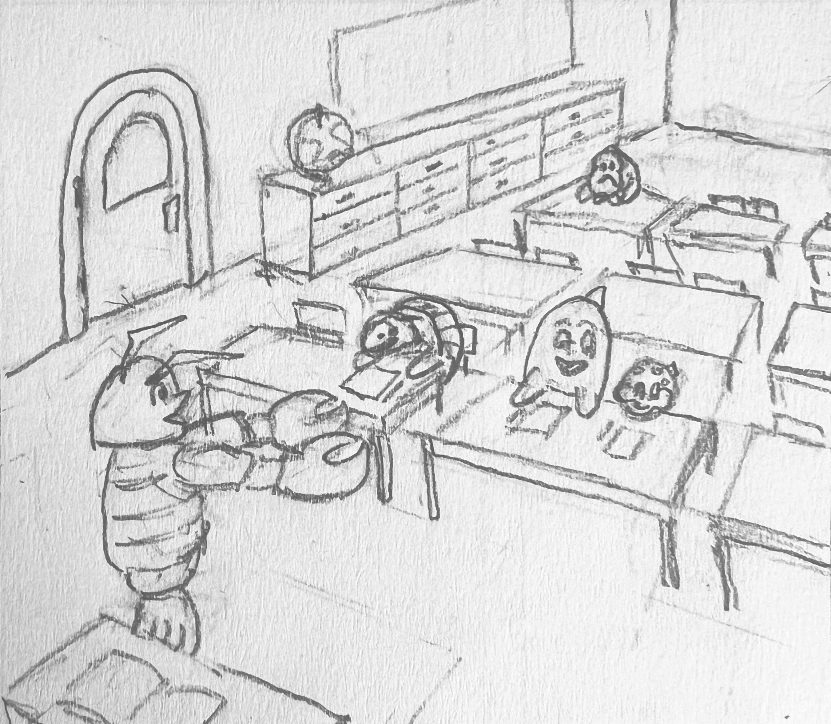 Rough sketch of classroom scene