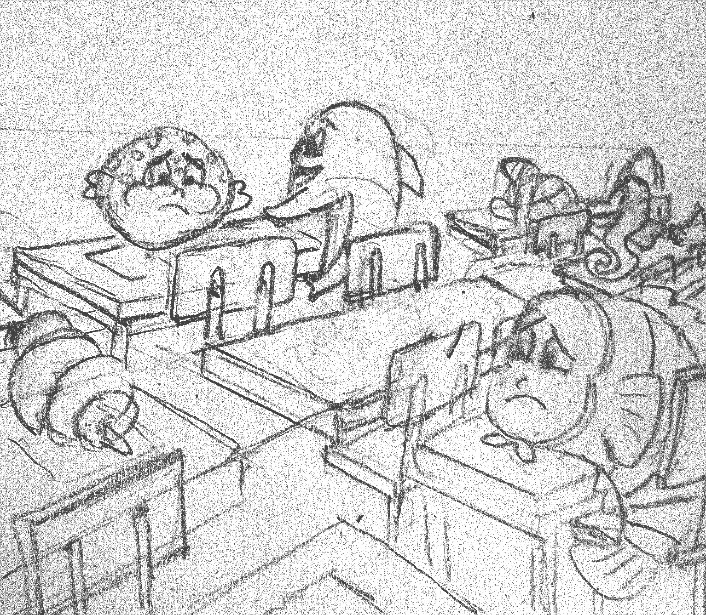 Rough sketch of classroom scene with textbooks