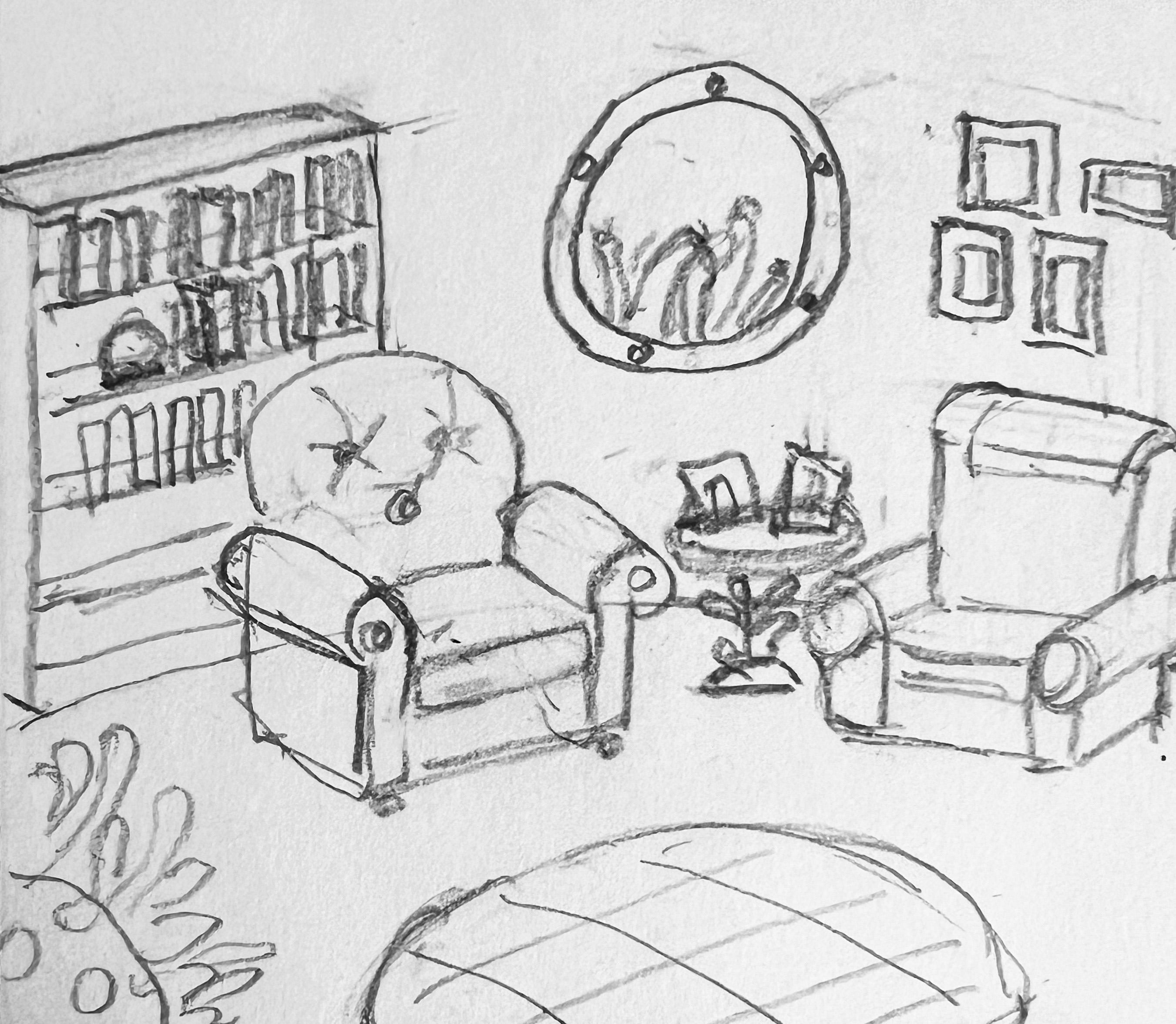 Rough sketch of living room scene